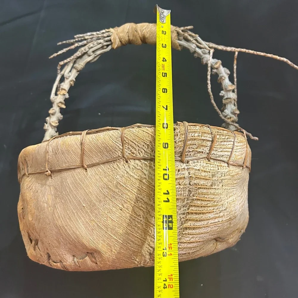 Handmade Natural Leaf Fiber Basket Twig Handle Rustic Primitive Woven Decor